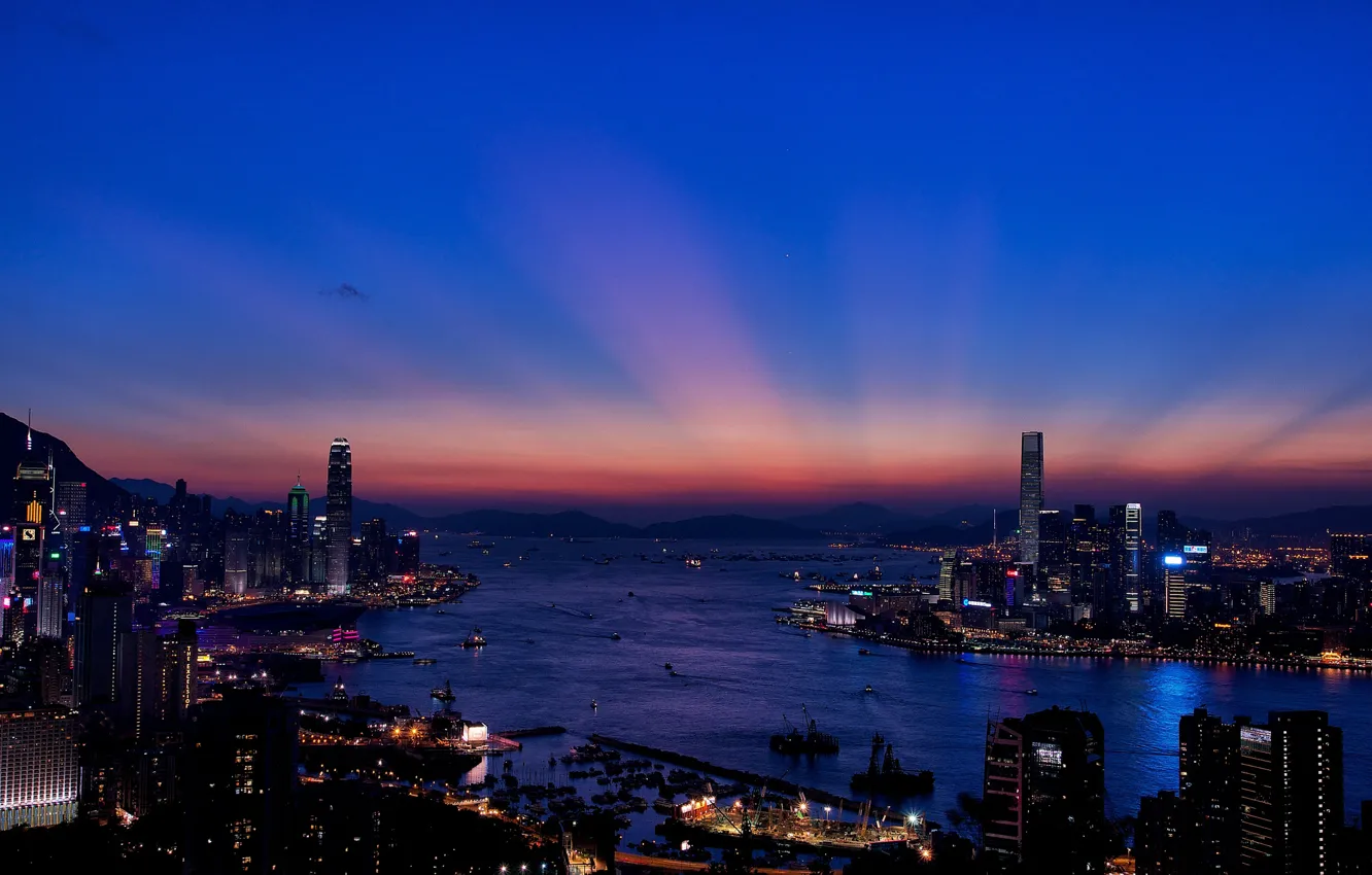 Photo wallpaper night, the city, lights, building, Hong Kong, skyscrapers, the evening, Bay, Hong Kong, panorama