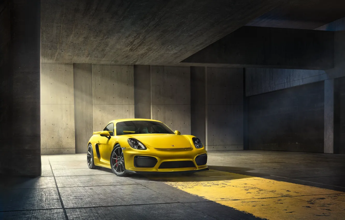 Photo wallpaper Porsche, Cayman, Front, Yellow, Parking, Supercar, GT4, 2015