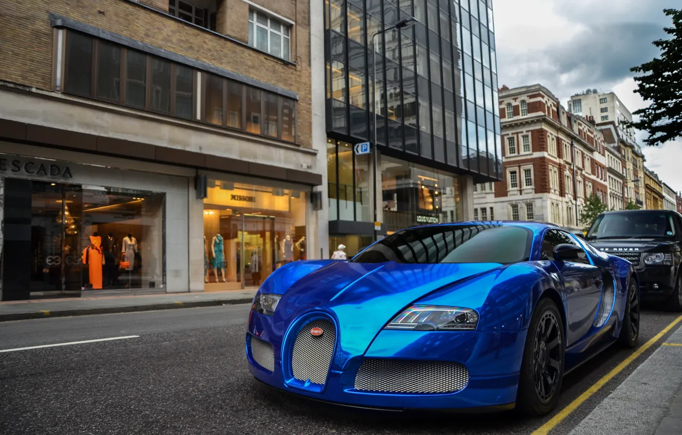 Photo wallpaper blue, Bugatti, Veyron, Bugatti, chrome, Blue, Veyron, hypercar, Chrome