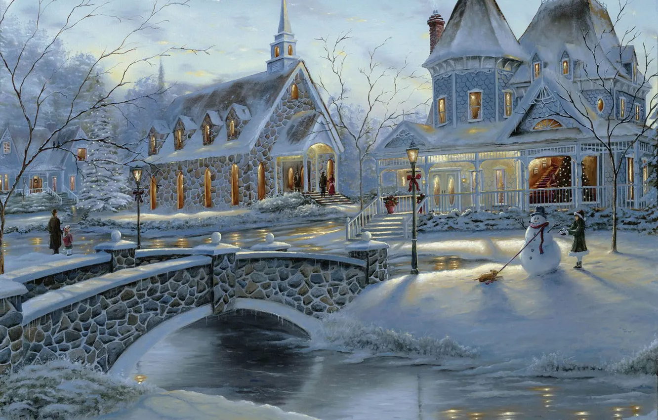 Photo wallpaper winter, bridge, people, holiday, tree, home, Christmas, snowman, painting, Robert Finale, art