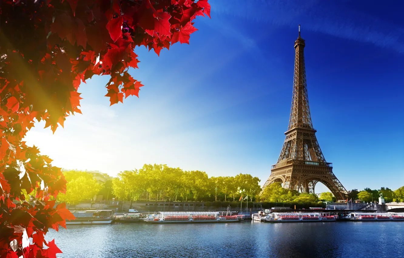 Photo wallpaper autumn, the sky, leaves, the sun, trees, river, France, Paris, Hay, red, Eiffel tower, Paris, …