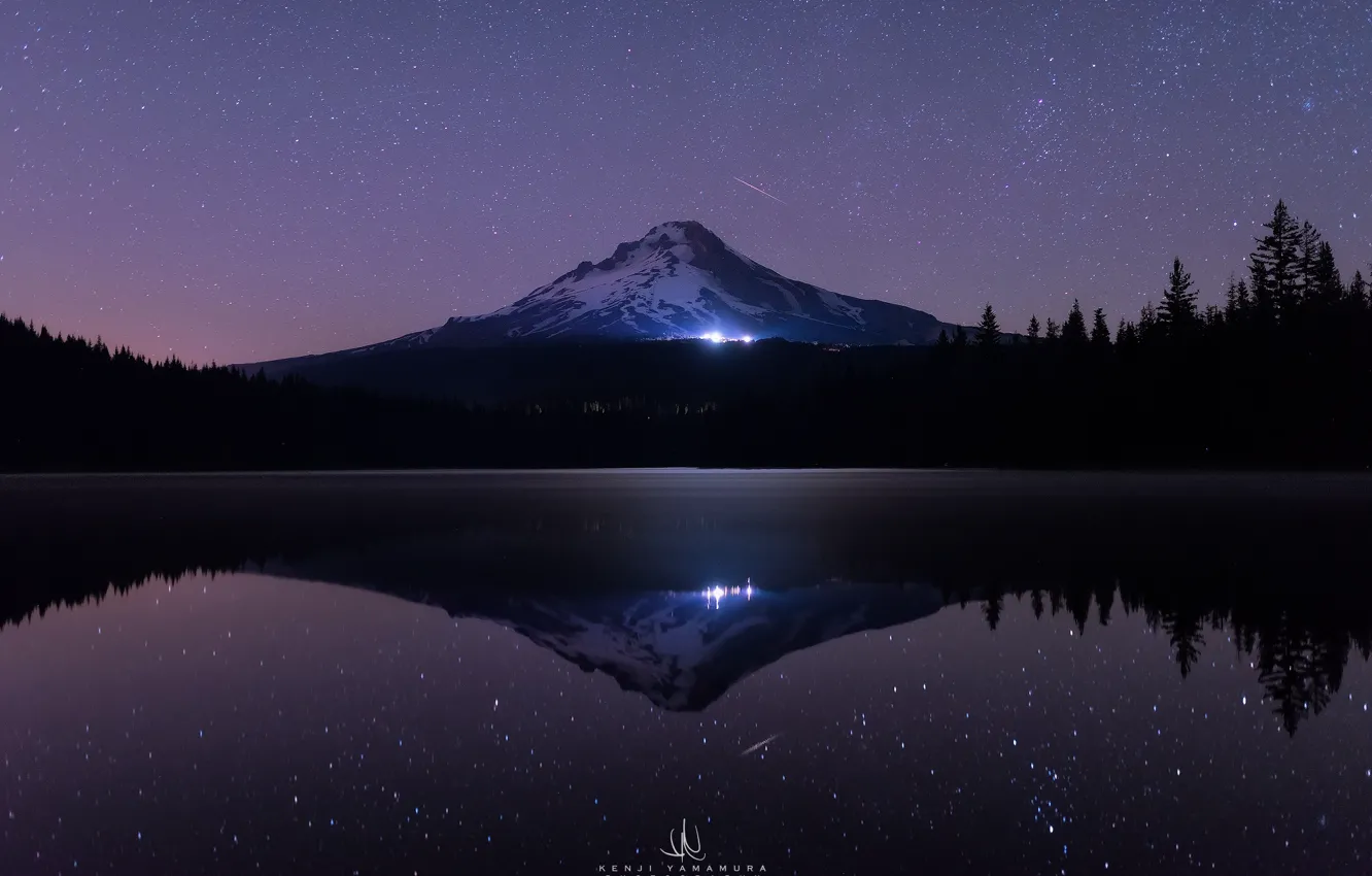 Photo wallpaper sea, forest, water, stars, light, snow, trees, night, lake, darkness, reflection, lights, mountain, ate, USA, …
