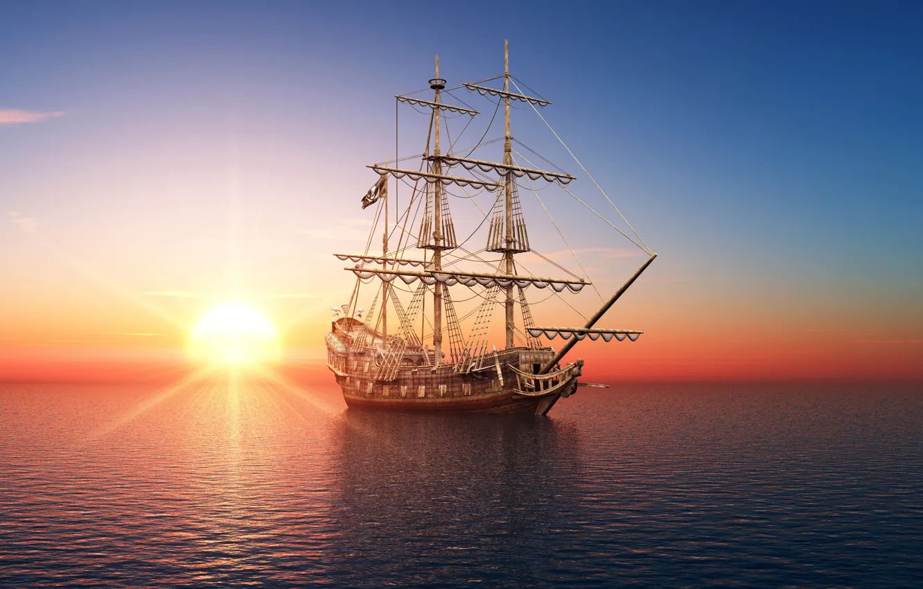 Photo wallpaper sea, sunset, photo, dawn, ship, sailboat, 3D graphics