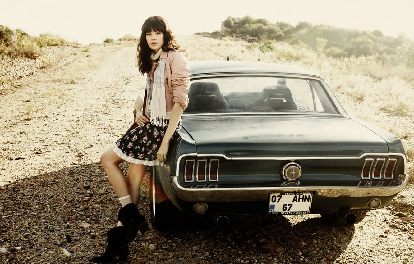Photo wallpaper road, machine, girl, style, retro, mustang, Mustang, brunette, car, ford, Ford, gravel, rear view, 1967