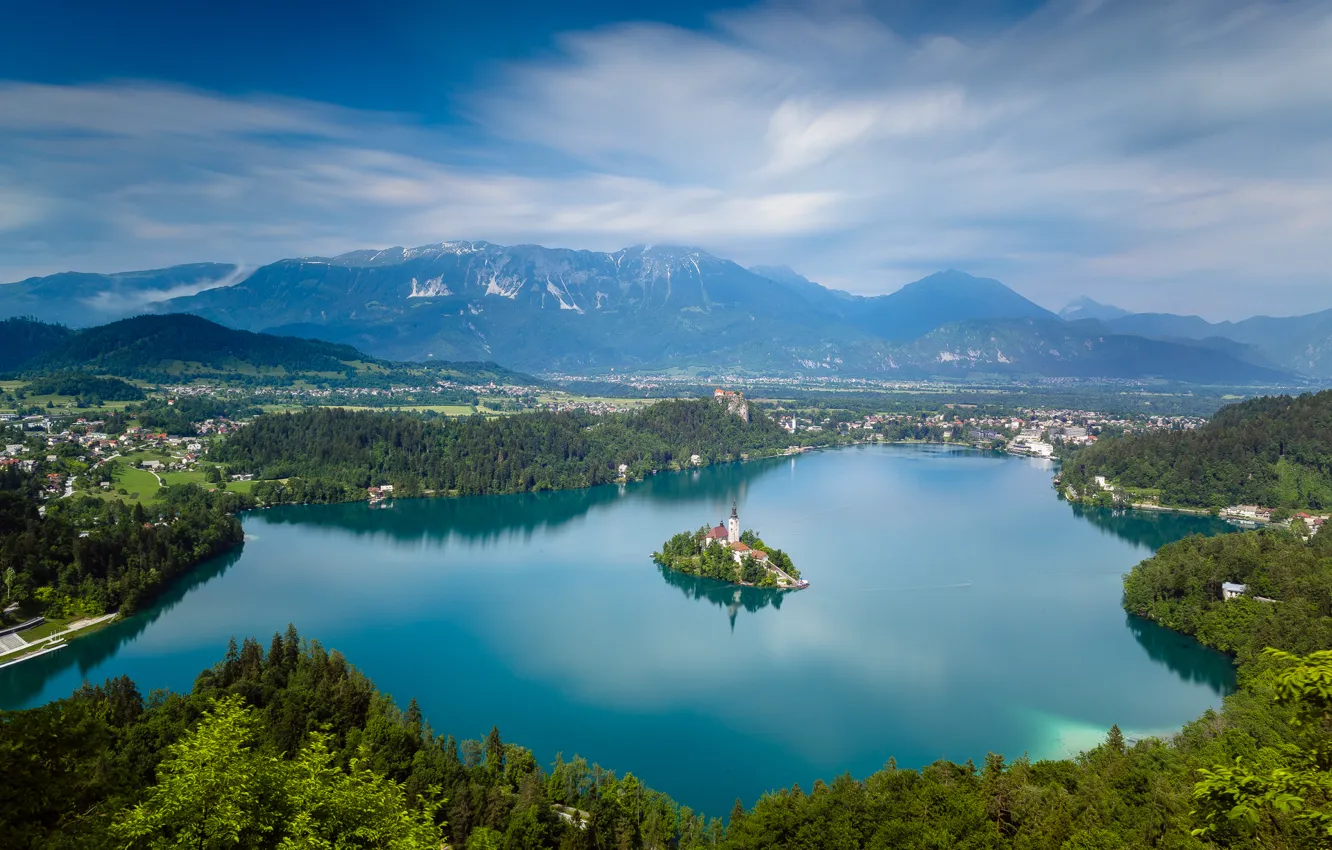 Photo wallpaper mountains, lake, island, Church, panorama, Slovenia, Lake Bled, Slovenia, Lake bled, Pokljuka, Pokljuka, St. Mary's …