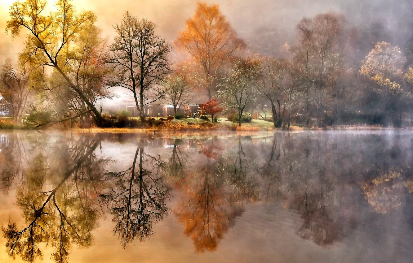 Photo wallpaper autumn, trees, reflection, river, shore, foliage, blur, haze, houses