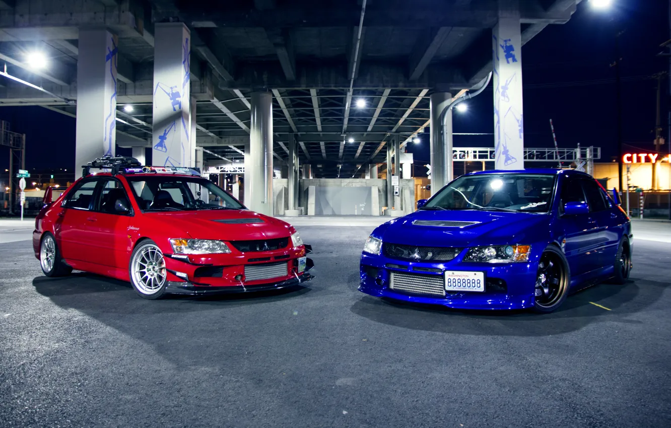 Photo wallpaper blue, red, tuning, Mitsubishi, red, Evo, Mitsubishi, evolution