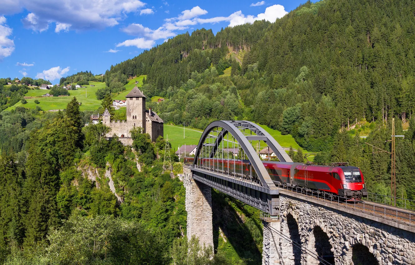 Photo wallpaper forest, bridge, castle, train, Austria, viaduct, Austria, Tyrol, Tyrol, Trisanna bridge, Trisanna Bridge, Castle Wisberg, …