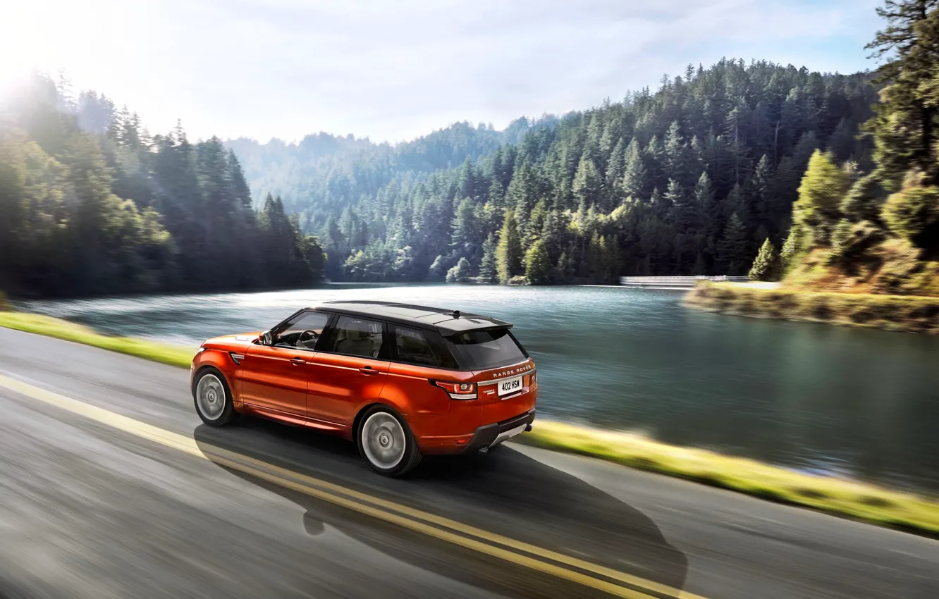 Photo wallpaper Auto, Road, Lake, Forest, Orange, Land Rover, Range Rover, Sport, The view from the side