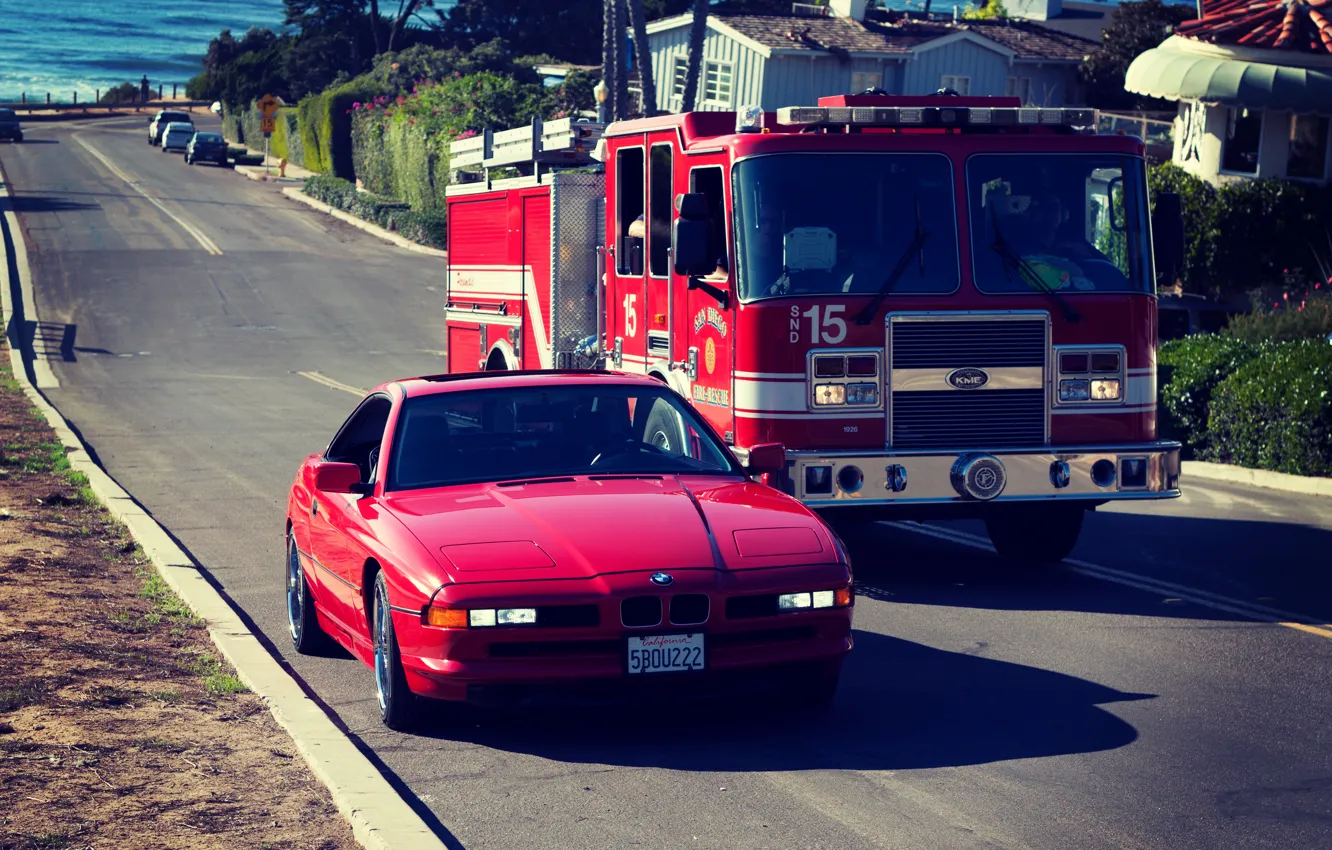 Photo wallpaper Road, Red, BMW, BMW, Red, E31, 1997, 850ci, Fire truck