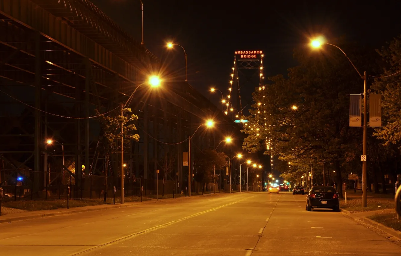 Photo wallpaper machine, night, the city, lights, street, the evening, lighting, lights, the Ambassador bridge, Ambassador Bridge