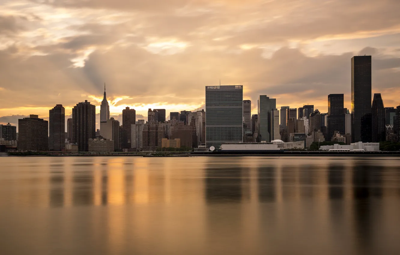 Photo wallpaper water, sunset, the city, reflection, new York, USA, new york, usa, manhattan