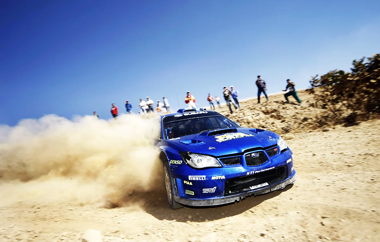 Photo wallpaper Blue, Dust, Subaru, Impreza, Machine, Skid, Day, WRC, Rally, Rally
