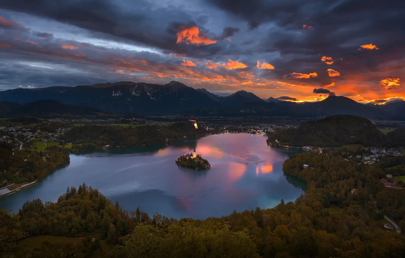 Photo wallpaper the sky, paint, the evening, Lake bled