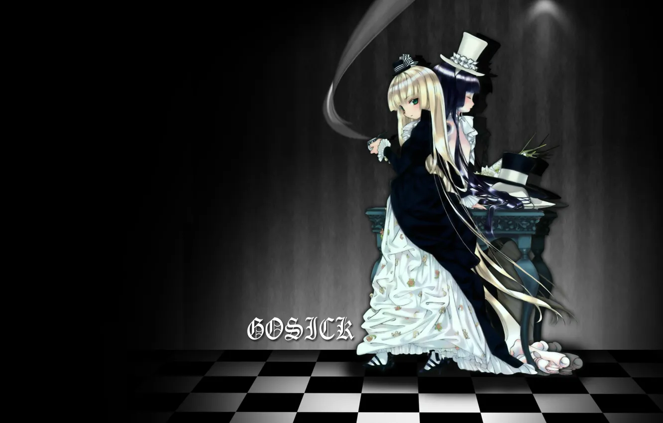 Photo wallpaper table, two, long hair, cylinder, gosick, victorica de blois, chess square
