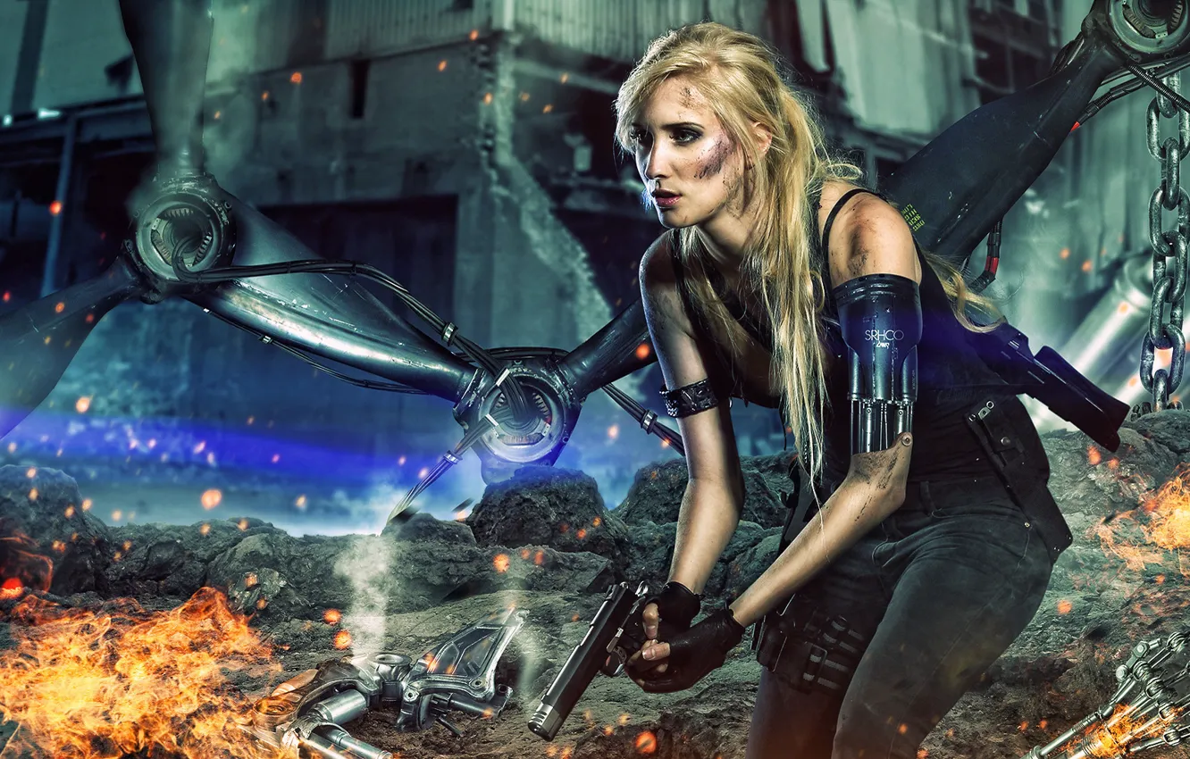 Wallpaper future, silver, fire, red, gun, white, black, android, woman,  yellow, machine, rocks, terminator, blonde, gray, chains images for  desktop, section фантастика - download