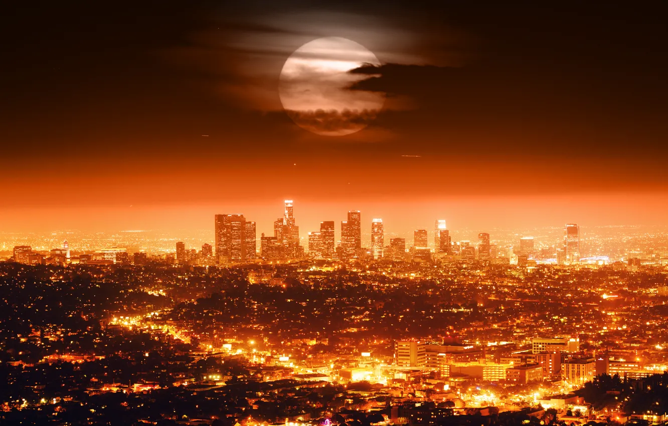 Photo wallpaper the sky, clouds, night, city, the city, lights, lights, horizon, USA, Los Angeles, skyline, sky, …