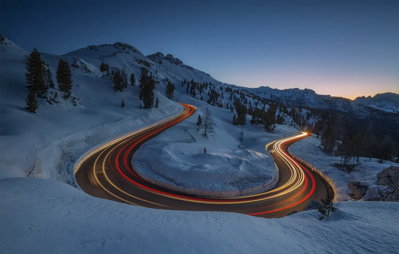 Photo wallpaper winter, road, light, mountains