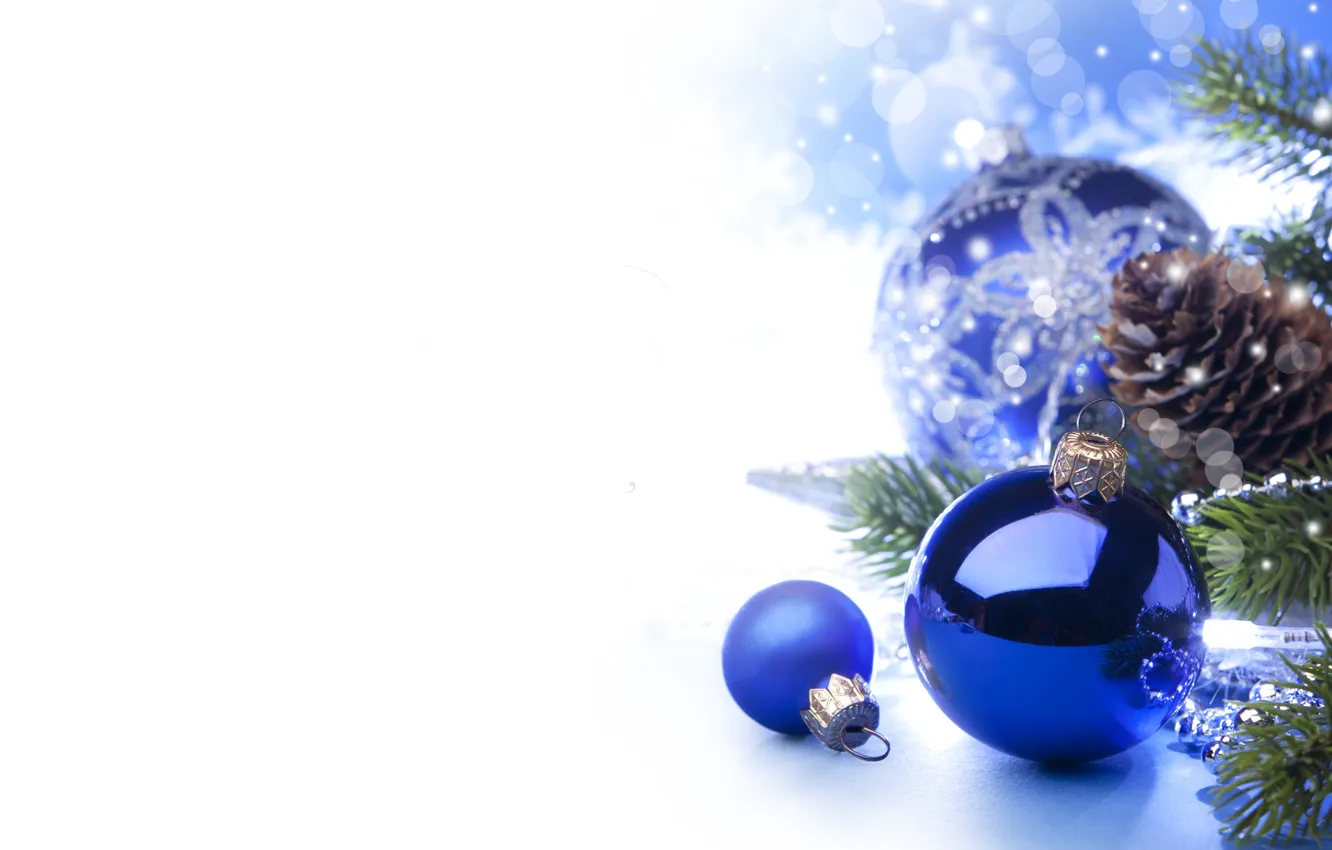 Photo wallpaper stars, balls, branches, balls, toys, tree, New Year, Christmas, white, Christmas, bumps, blue, blue background, …