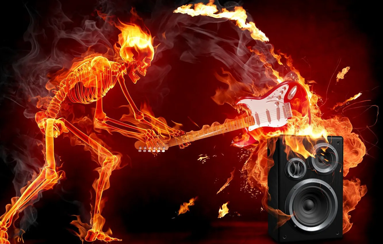 Wallpaper fire, rock, skeleton, music. guitar images for desktop, section  музыка - download