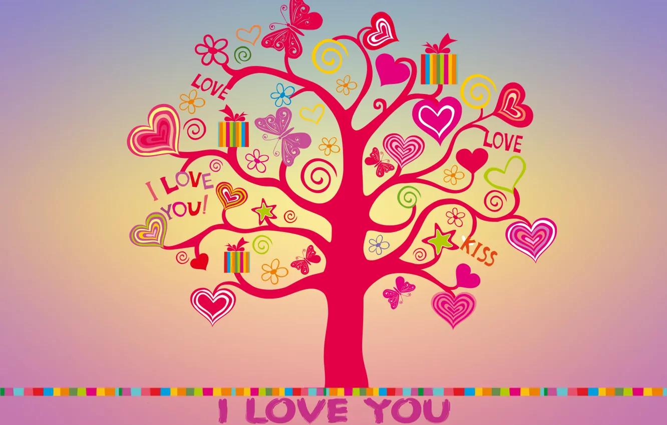 Photo wallpaper love, tree, colorful, hearts, love, I love you, butterfly, background, tree, romantic, hearts, sweet