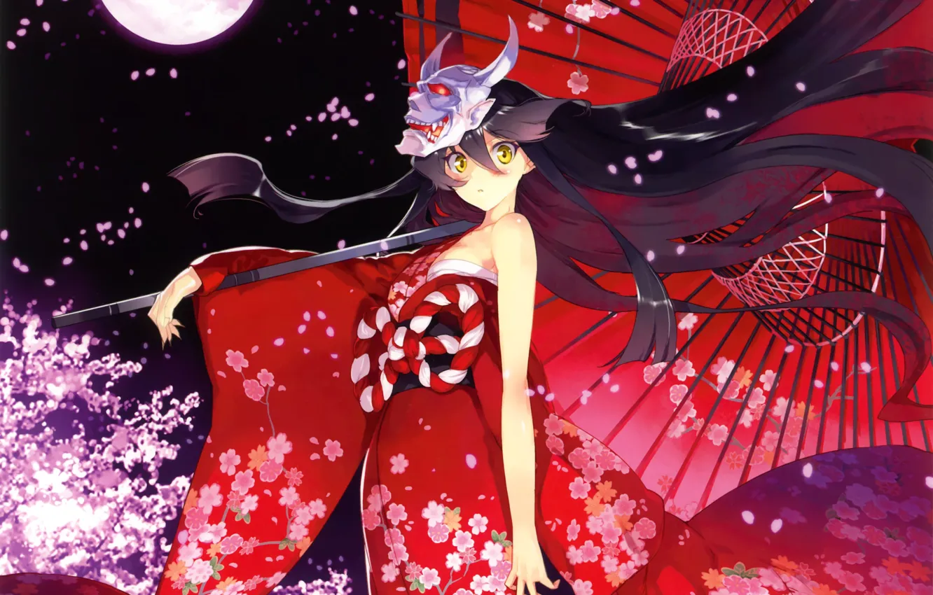 Photo wallpaper girl, flowers, night, the moon, umbrella, anime, petals, Sakura, mask, art, kimono, devil, ueda ryou, …