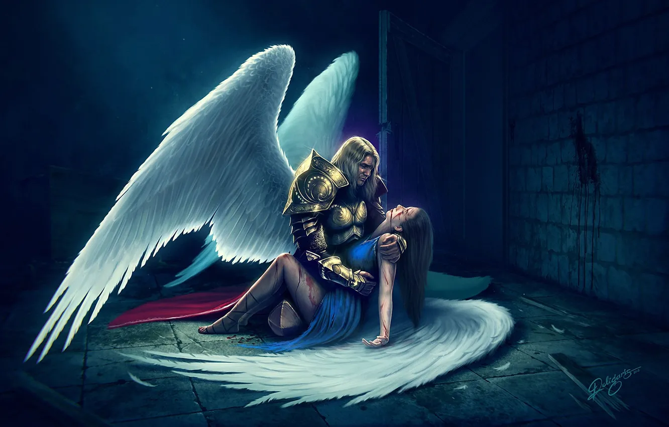 Photo wallpaper girl, blood, wings, angels, art, guy, wounds