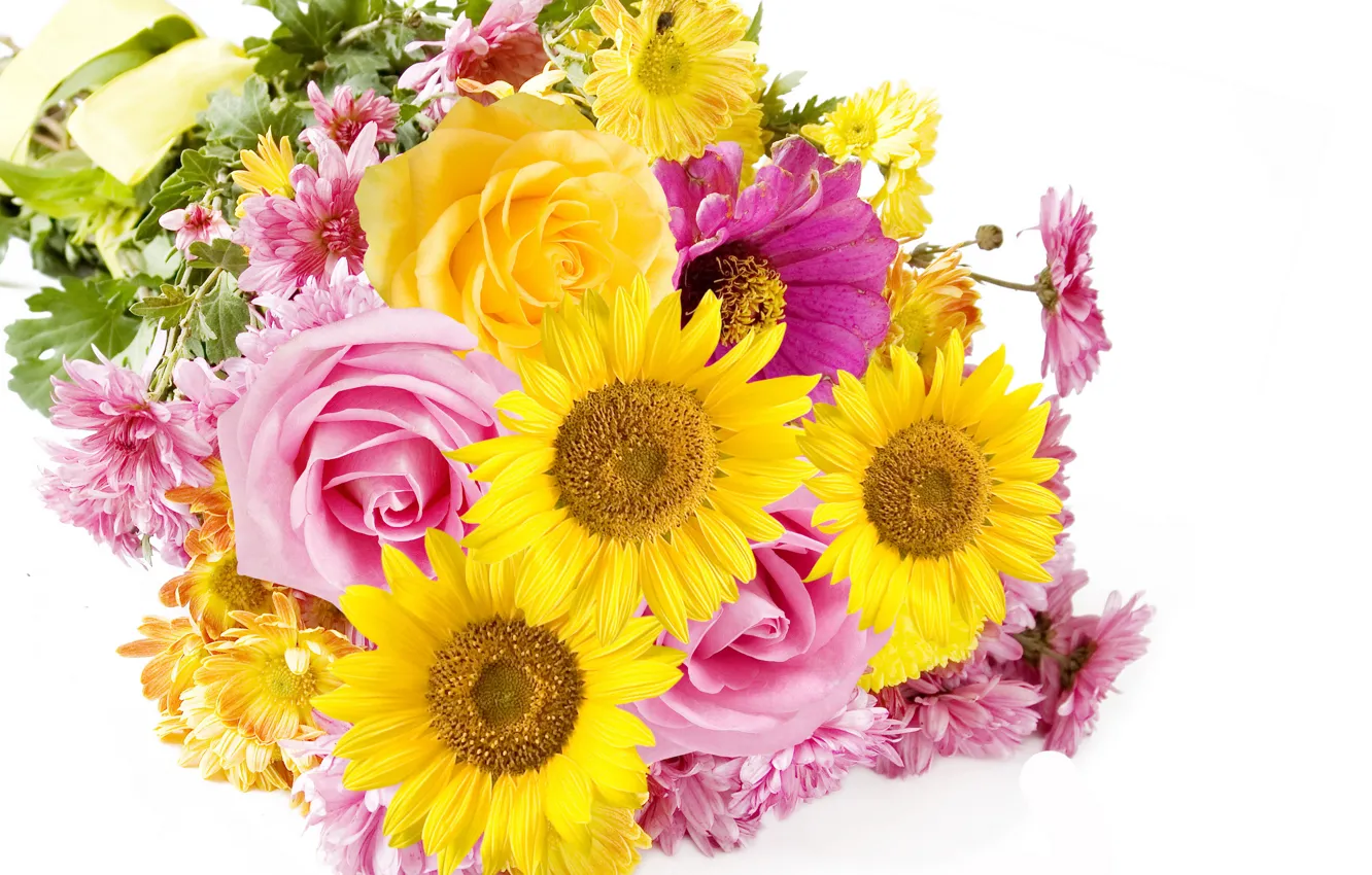 Photo wallpaper photo, Flowers, Bouquet, Sunflowers, Roses, Asters