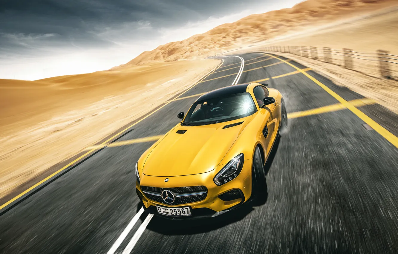 Photo wallpaper Mercedes-Benz, Front, AMG, Yellow, Road, Supercar, Desert, Drifting, GT S