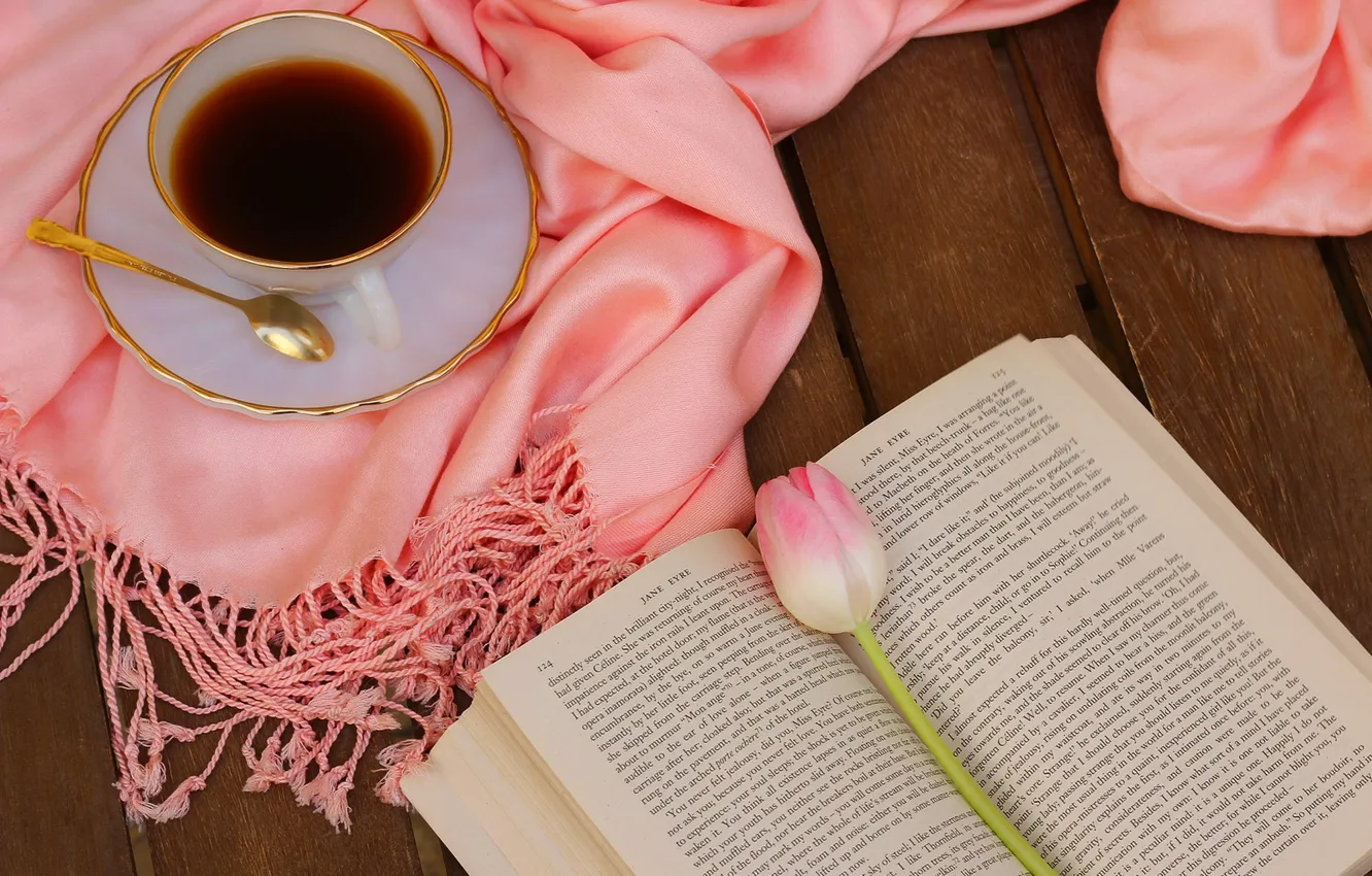 Wallpaper flower, pink, Tulip, coffee, scarf, still life, flower, pink,  cup, tulips, still life, book, drink, coffee, scarf, Cup images for  desktop, section цветы - download