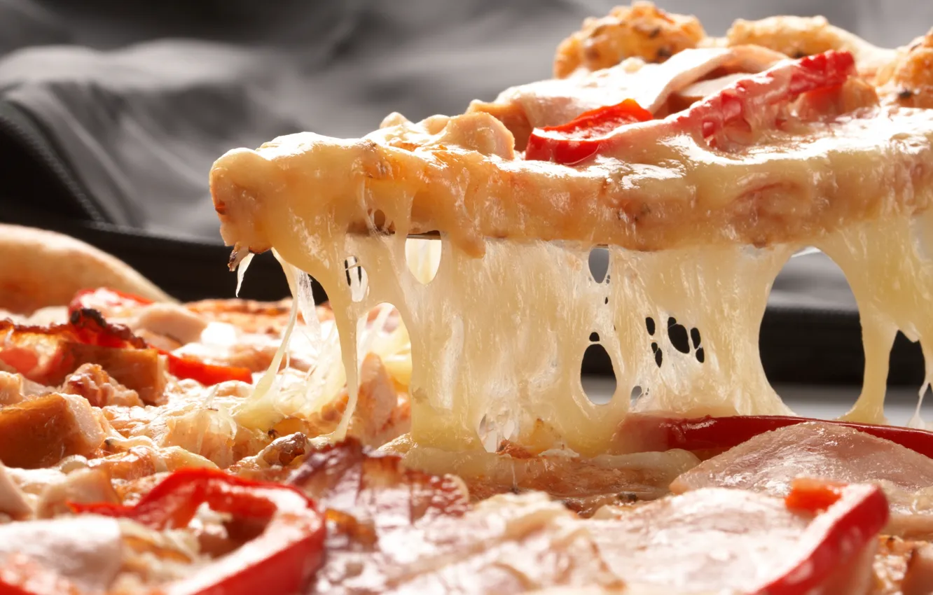 Photo wallpaper cheese, pizza, tomatoes, paprika, ham