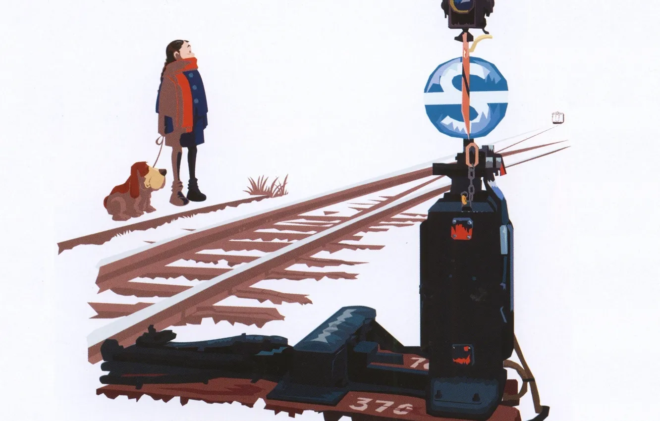 Photo wallpaper winter, snow, rails, train, dog, arrow, white background, art, semaphore, Devochka, Be Sato Yuzuriha