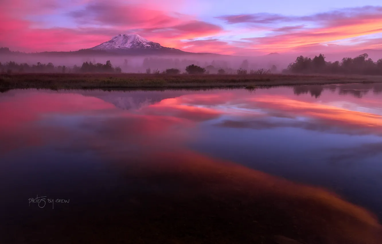 Photo wallpaper autumn, clouds, reflection, lake, morning, USA, Washington, the volcano Adams, mountain Pahto