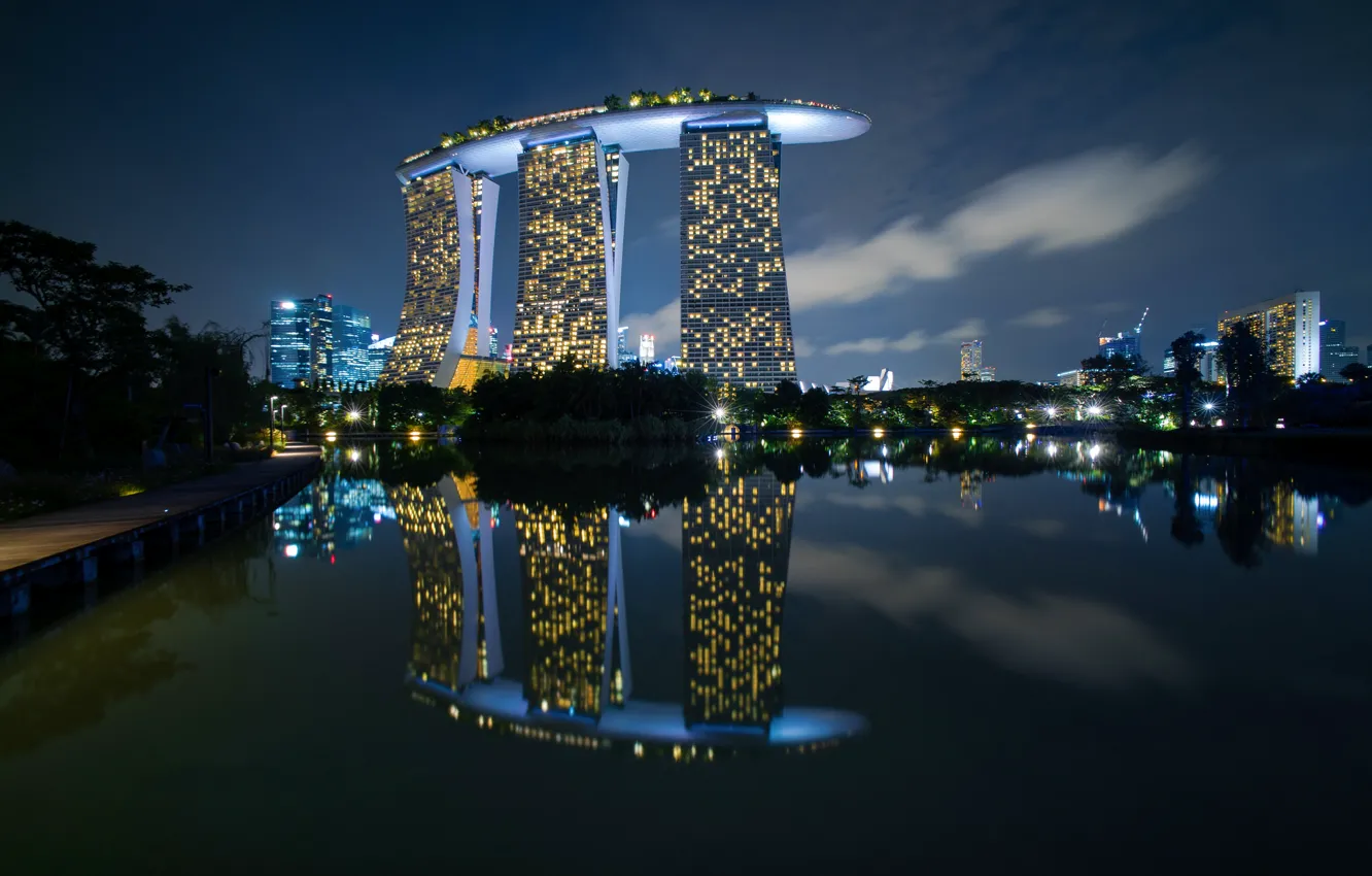Photo wallpaper night, lights, Singapore, the hotel, Marina Bay