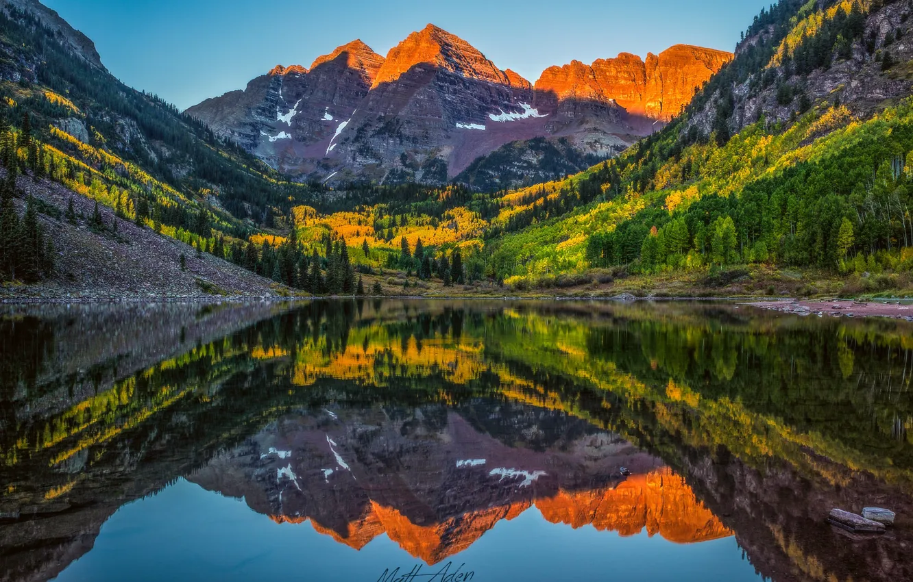 Photo wallpaper autumn, forest, reflection, lake, Colorado, USA, rocky mountains, state, Maroon Bells
