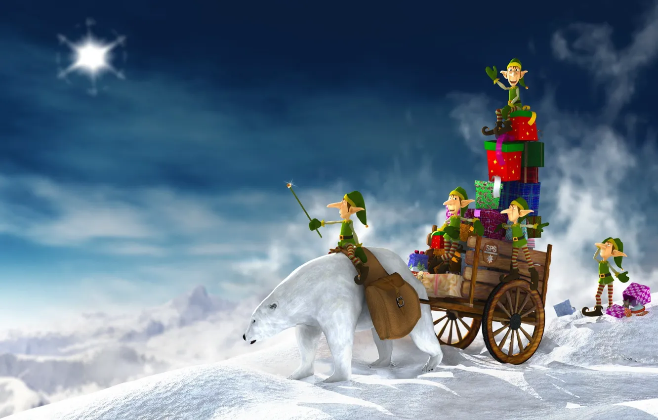 Photo wallpaper white, new year, Winter, bear, gifts, dwarves