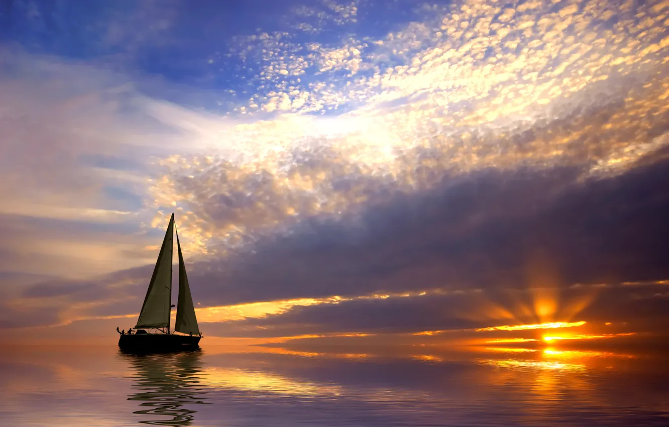 Wallpaper sea, the sky, clouds, sunset, the ocean, sailboat, Boat images  for desktop, section пейзажи - download