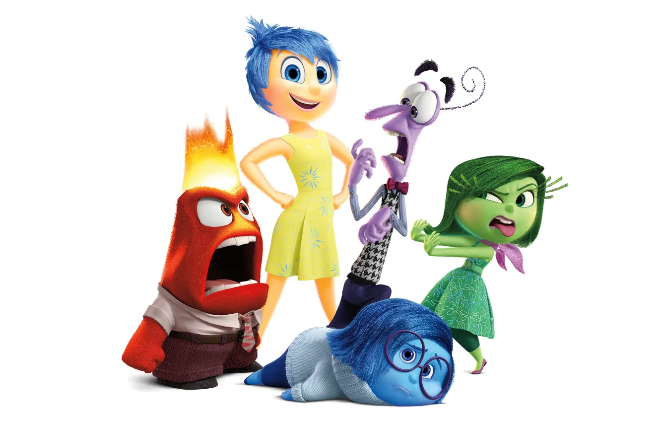 Wallpaper emotions, cartoon, white background, Disney, Fear, Pixar, Puzzle,  characters, Joy, Inside Out, Anger, Disgust, Sadness images for desktop,  section фильмы - download