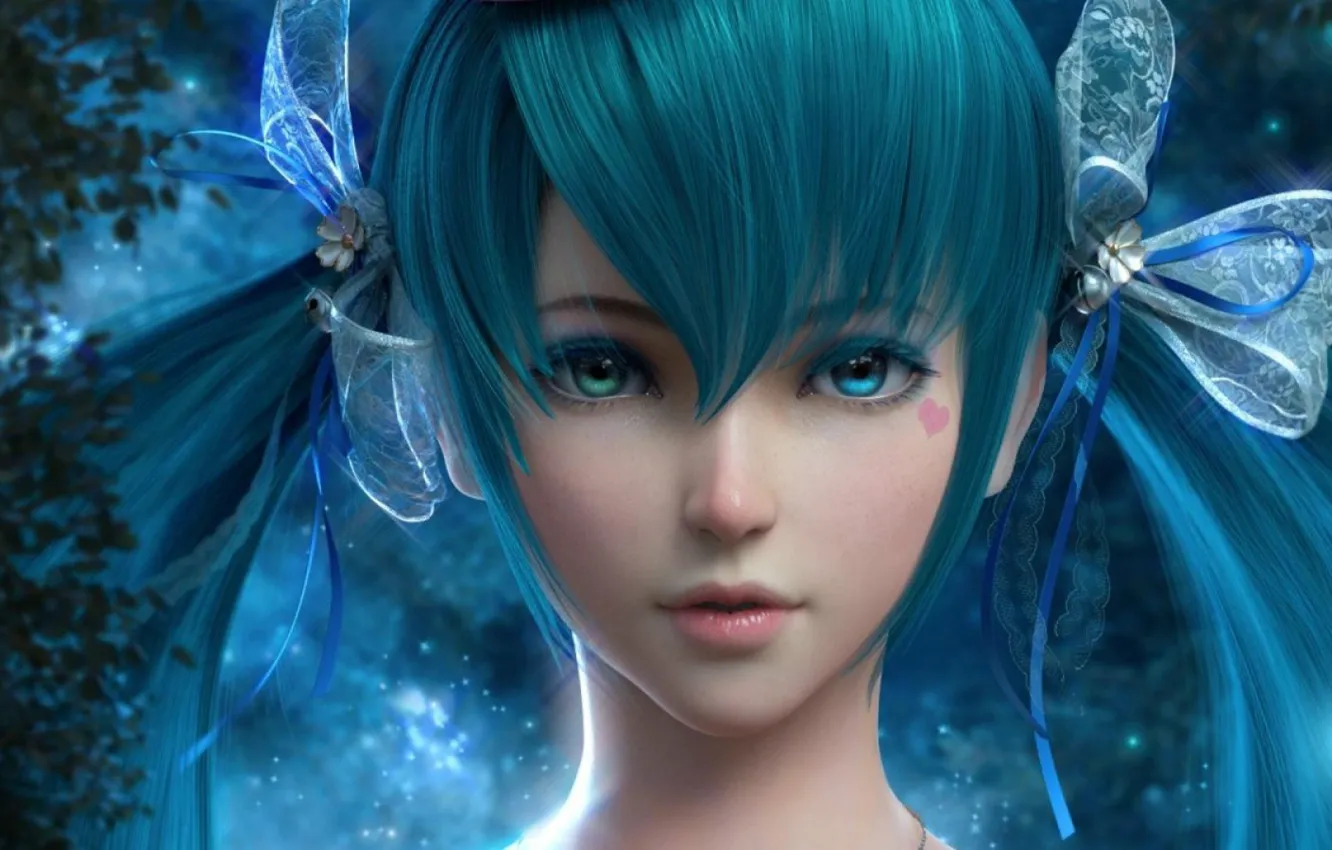 Wallpaper face, lights, vocaloid, bow, Hatsune Miku, heart, Vocaloid, blue  hair, 3D images for desktop, section прочее - download