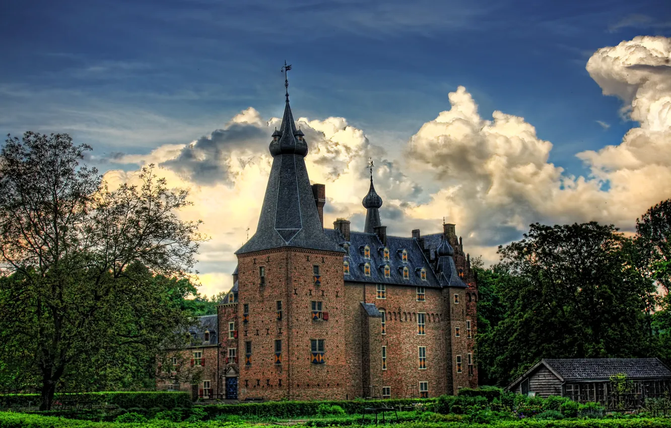 Photo wallpaper the sky, clouds, trees, castle, HDR, Netherlands, Castle Doorwerth