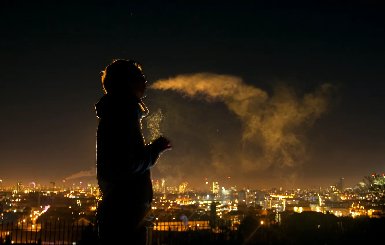 Photo wallpaper night, the city, smoke, silhouette