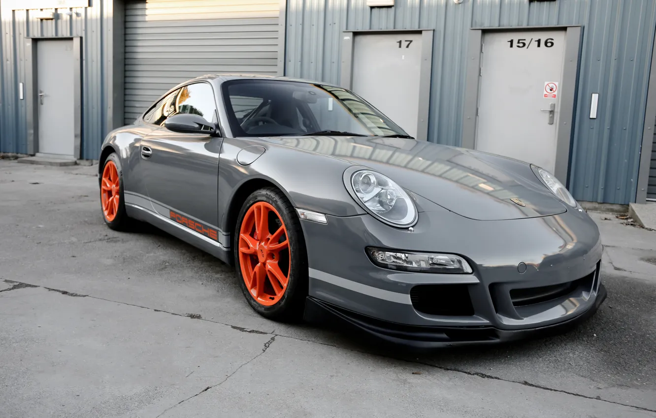 Photo wallpaper Porsche, wheels, grey, GT3, orange, wrap, gloss