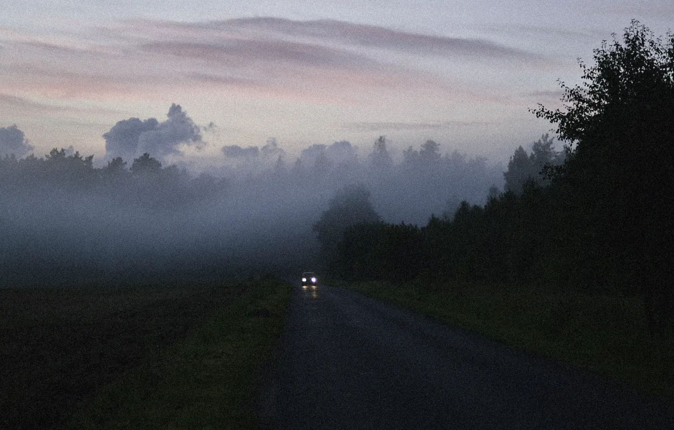 Photo wallpaper car, misty, road, morning, fog, sunrise, dawn, foggy, mist, woodland