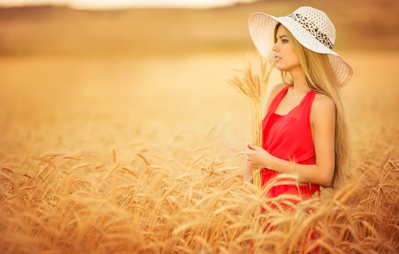 Photo wallpaper field, girl, spikelets, hat, in red