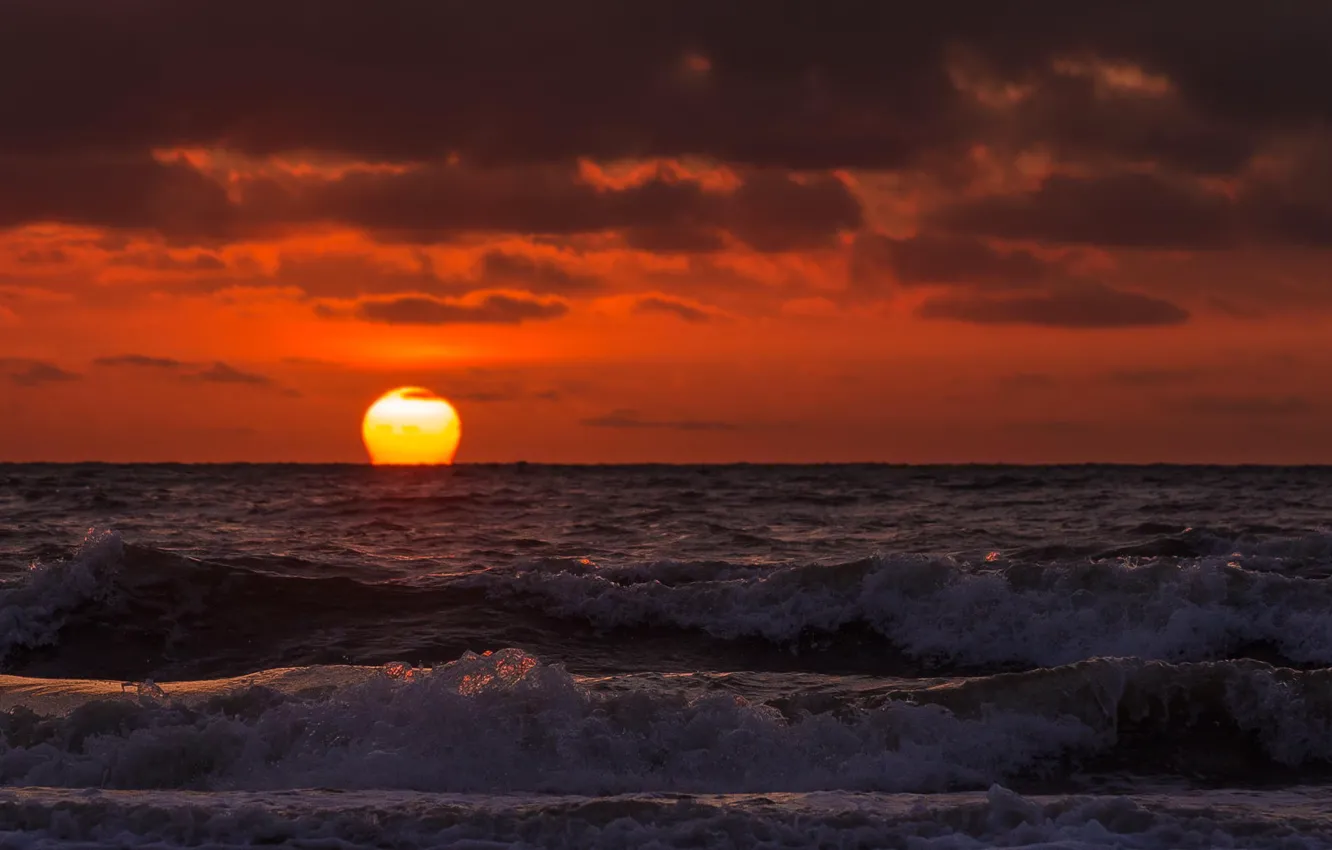 Photo wallpaper sea, wave, beach, the sun, dawn, horizon