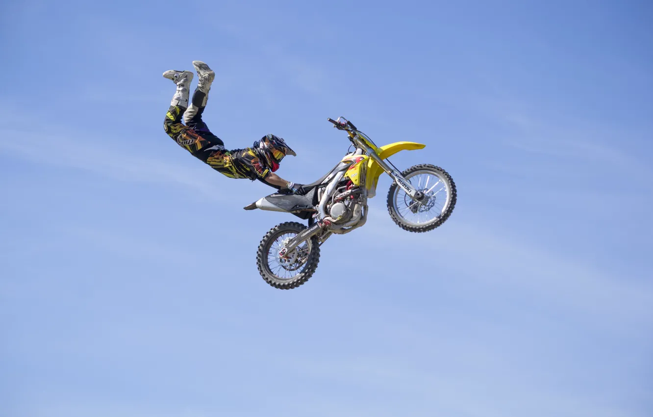Photo wallpaper maneuver, rider, motocross, freestyle, sky, clouds, FMX, extreme sports, Superman Double Seat Grab