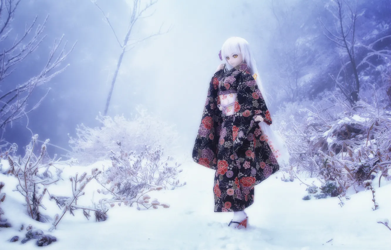 Photo wallpaper winter, snow, nature, toy, doll, blonde