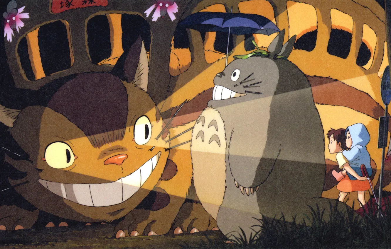 Photo wallpaper night, smile, being, umbrella, my neighbor Totoro, tonari no totoro, headlights, satsuki kusakabe, mei kusakabe, …