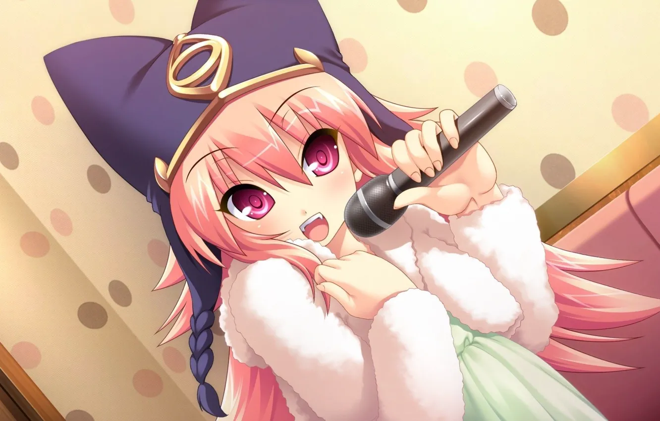 Photo wallpaper girl, microphone, red eyes, pink hair, singing, white fur, karaoke, Chu-Chu, hat with ears