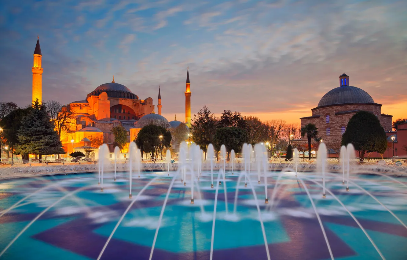 Photo wallpaper the evening, fountain, Istanbul, Turkey, the minaret, Aza-Sofia, Hagia Sophia